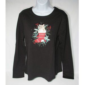 Christmas T Shirt Long Sleeve Kitten Cat Stocking Holly Berries New With Tags